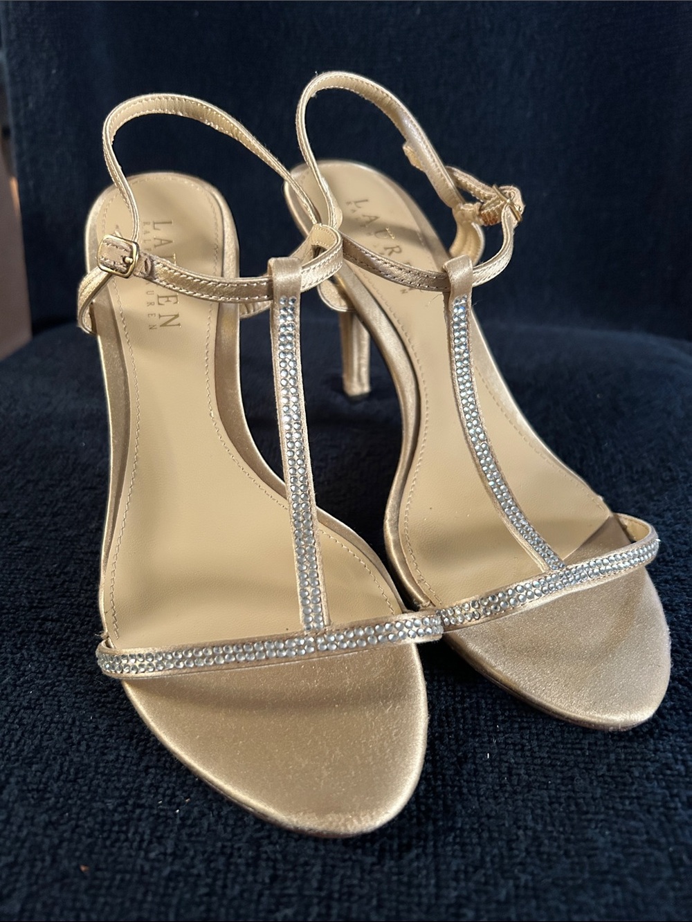 Lauren Ralph Lauren Metallic Champagne Gold T-Strap Rhinestone 4” Heels